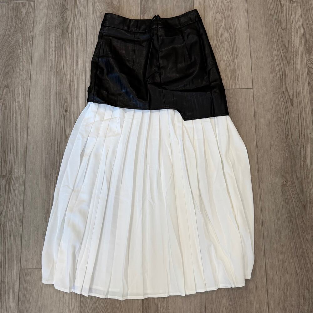 Commense Asymmetric Patchwork Faux Leather Chiffon Pleated Maxi Skirt Medium - Picture 4 of 7